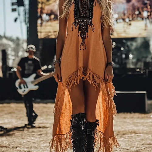 Dames midi-jurk – Boho jurk, westernstijl, modieus en modern, voor buiten, vakantie of vakantie-uitstapjes, reguliere pasvorm, bloemenprint, mouwloos, ronde hals, oranje, zomer