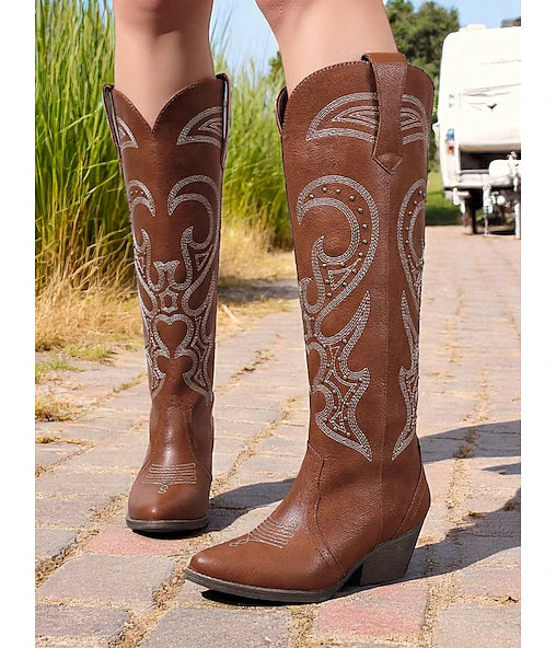 Jaren ’70 schoenen – Westernlaarzen met vierkante neus, hippie cowboystijl, dames, voor maskerade, feest/avond, Pride Parade, Pride Month, volwassenen